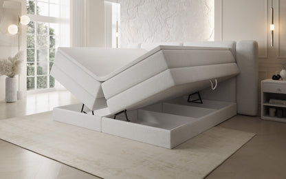 Luxusbetten24 Leni Boxspringbett mit hochklappbarem Stauraum in Teddy Bouclé