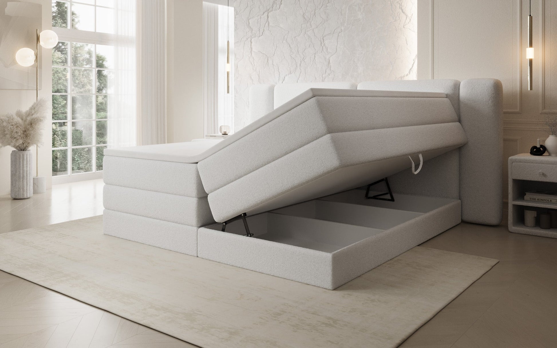 Luxusbetten24 Leni Boxspringbett mit hochklappbarem Stauraum in Teddy Bouclé