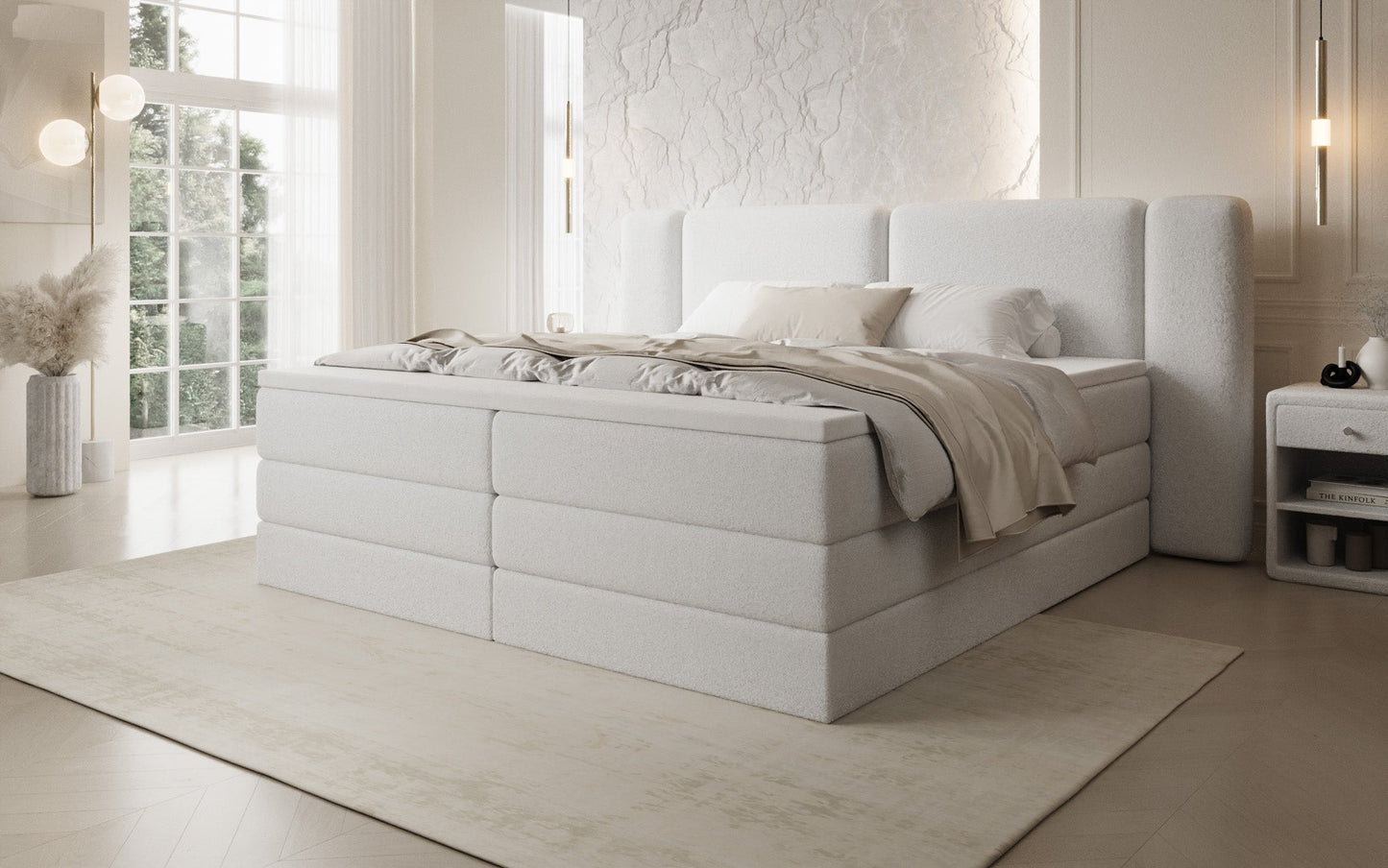 Luxusbetten24 Leni Boxspringbett mit hochklappbarem Stauraum in Teddy Bouclé
