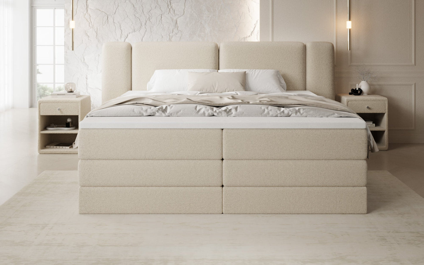 Luxusbetten24 Leni Boxspringbett mit hochklappbarem Stauraum in Teddy Bouclé