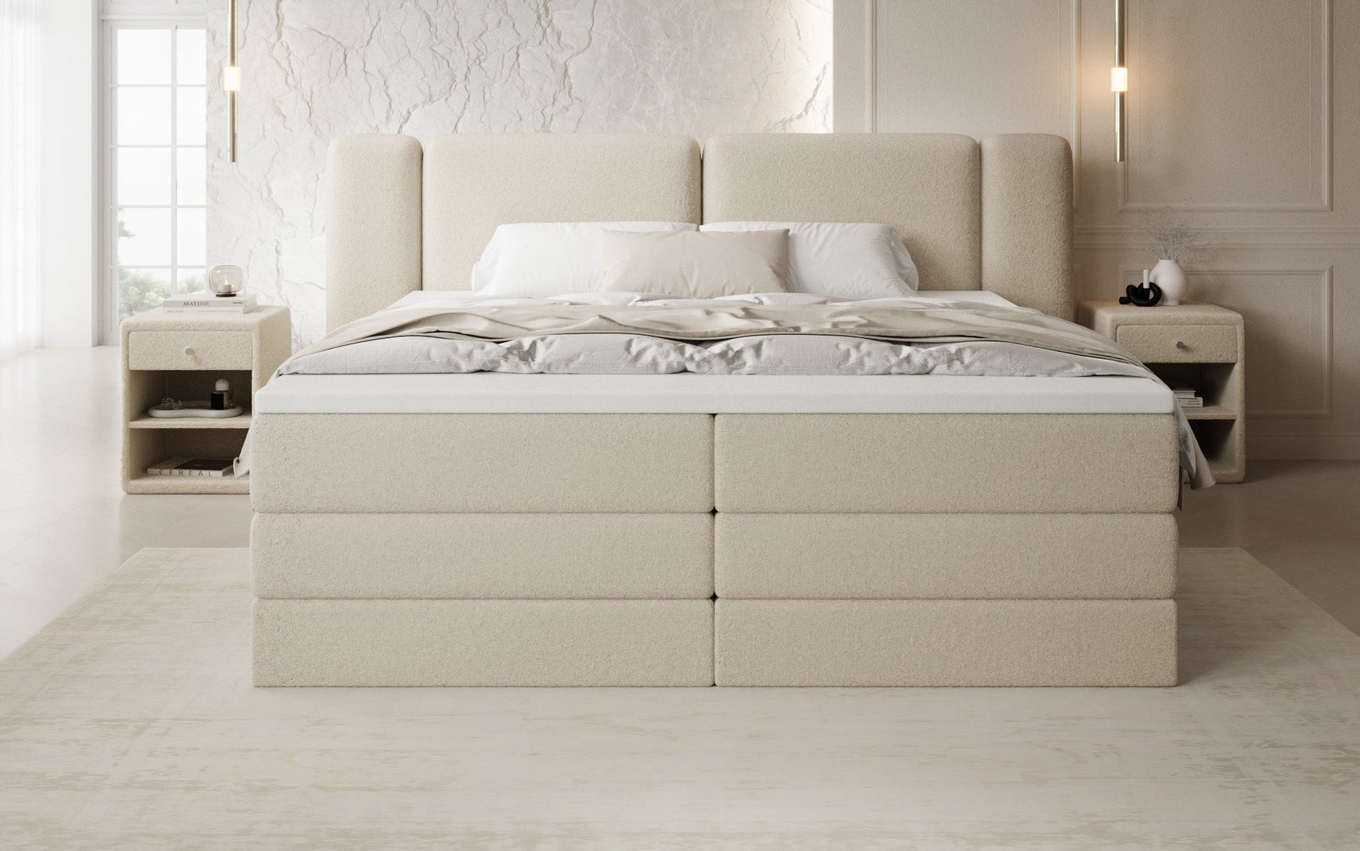Luxusbetten24 Leni Boxspringbett mit hochklappbarem Stauraum in Teddy Bouclé