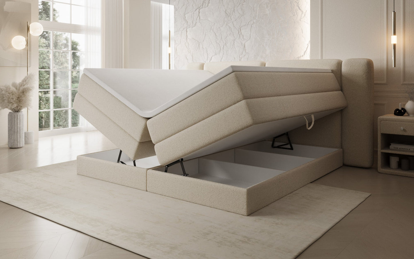 Luxusbetten24 Leni Boxspringbett mit hochklappbarem Stauraum in Teddy Bouclé