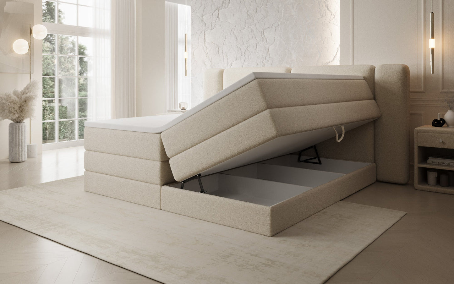 Luxusbetten24 Leni Boxspringbett mit hochklappbarem Stauraum in Teddy Bouclé