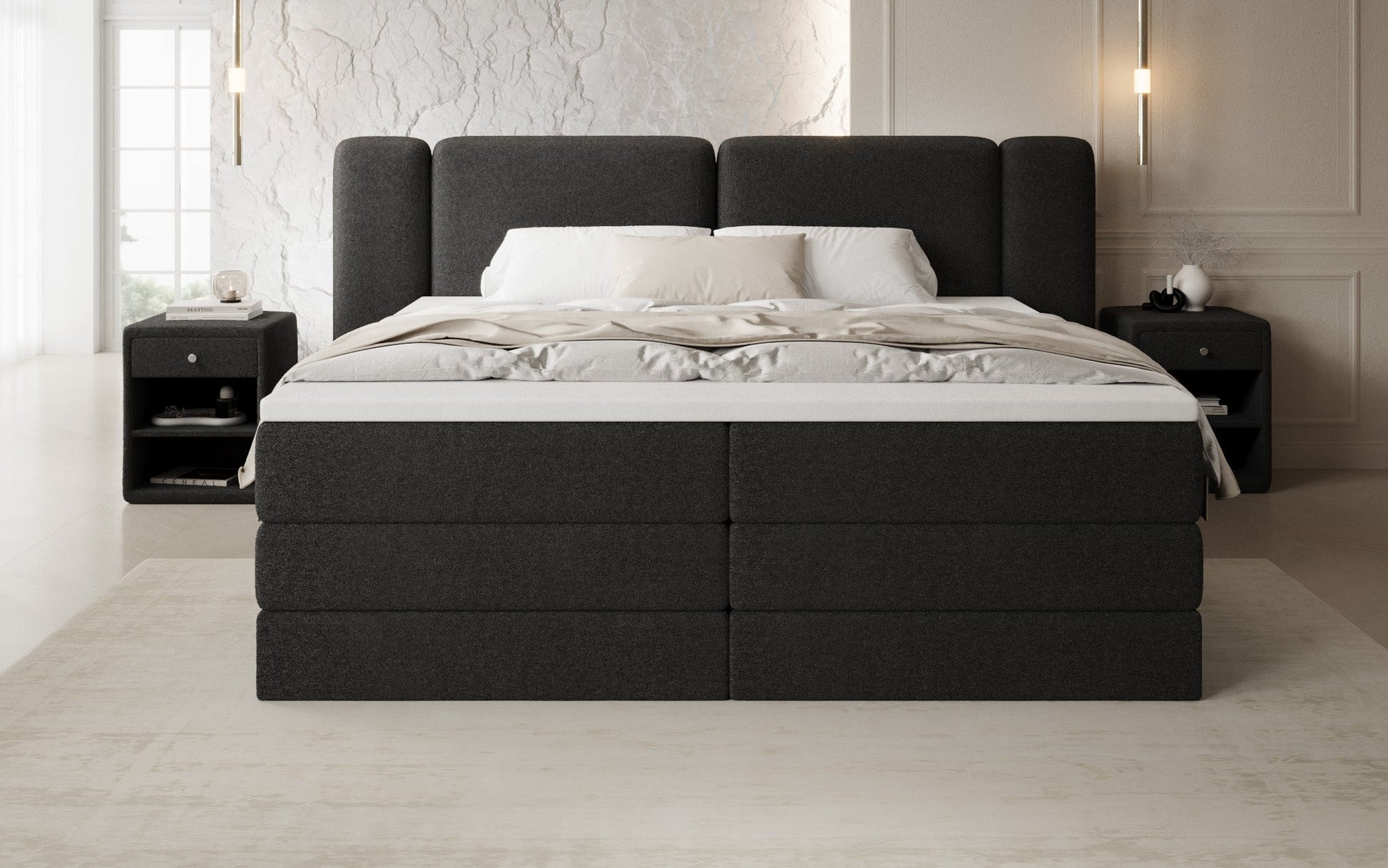 Luxusbetten24 Leni Boxspringbett mit hochklappbarem Stauraum in Teddy Bouclé
