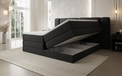 Luxusbetten24 Leni Boxspringbett mit hochklappbarem Stauraum in Teddy Bouclé