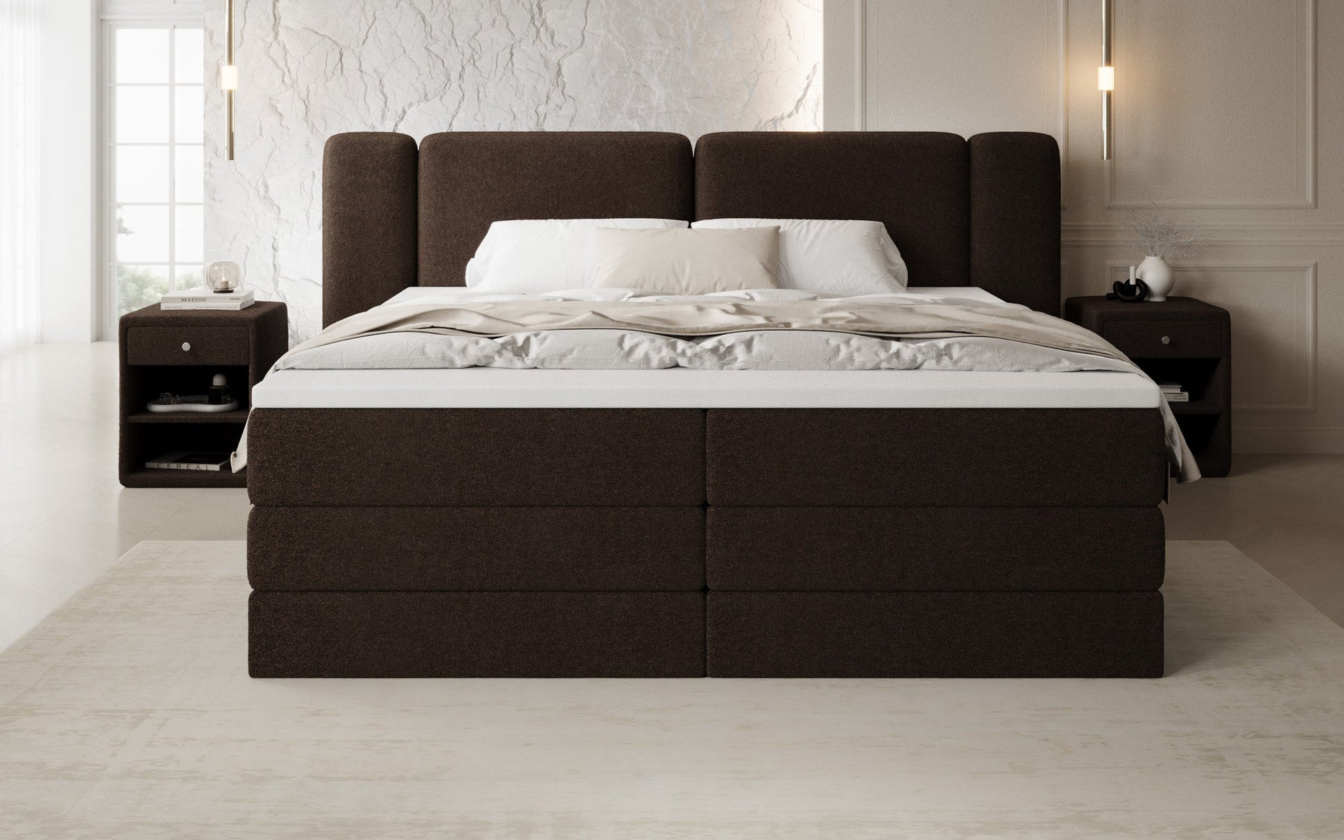 Luxusbetten24 Leni Boxspringbett mit hochklappbarem Stauraum in Teddy Bouclé