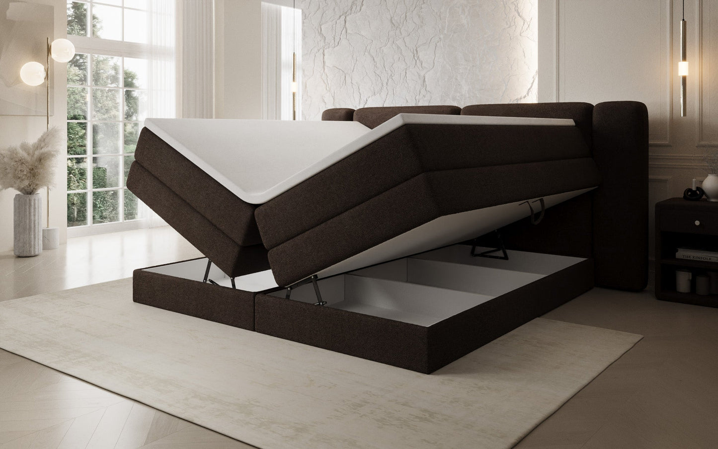 Luxusbetten24 Leni Boxspringbett mit hochklappbarem Stauraum in Teddy Bouclé