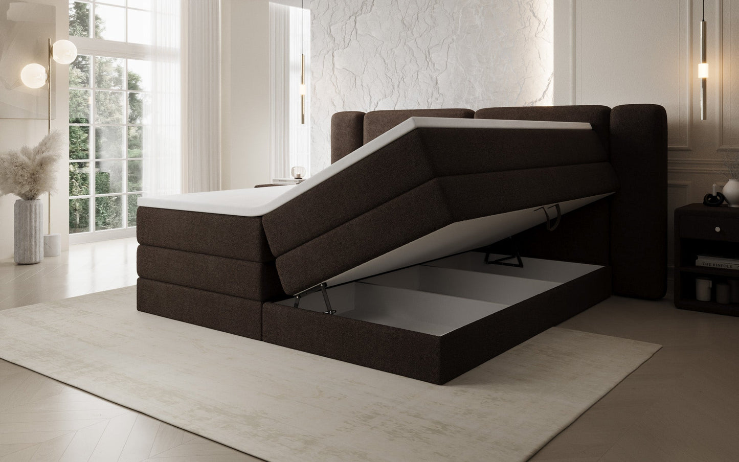 Luxusbetten24 Leni Boxspringbett mit hochklappbarem Stauraum in Teddy Bouclé