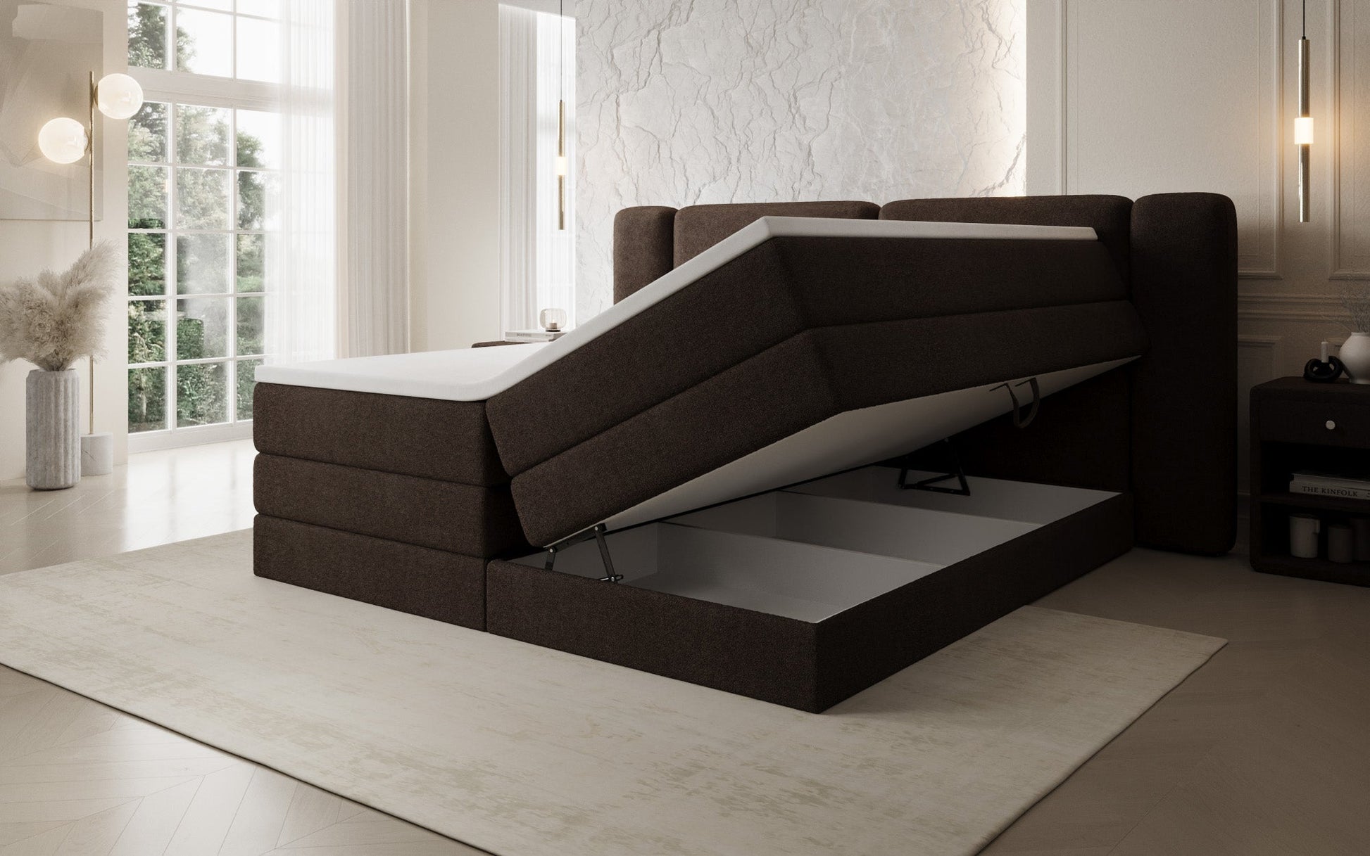 Luxusbetten24 Leni Boxspringbett mit hochklappbarem Stauraum in Teddy Bouclé