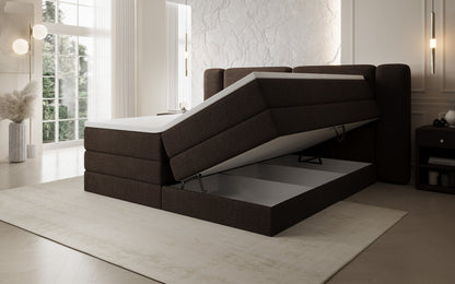 Luxusbetten24 Leni Boxspringbett mit hochklappbarem Stauraum in Teddy Bouclé