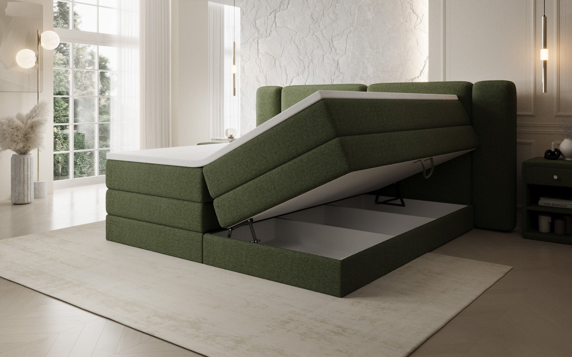 Luxusbetten24 Leni Boxspringbett mit hochklappbarem Stauraum in Teddy Bouclé