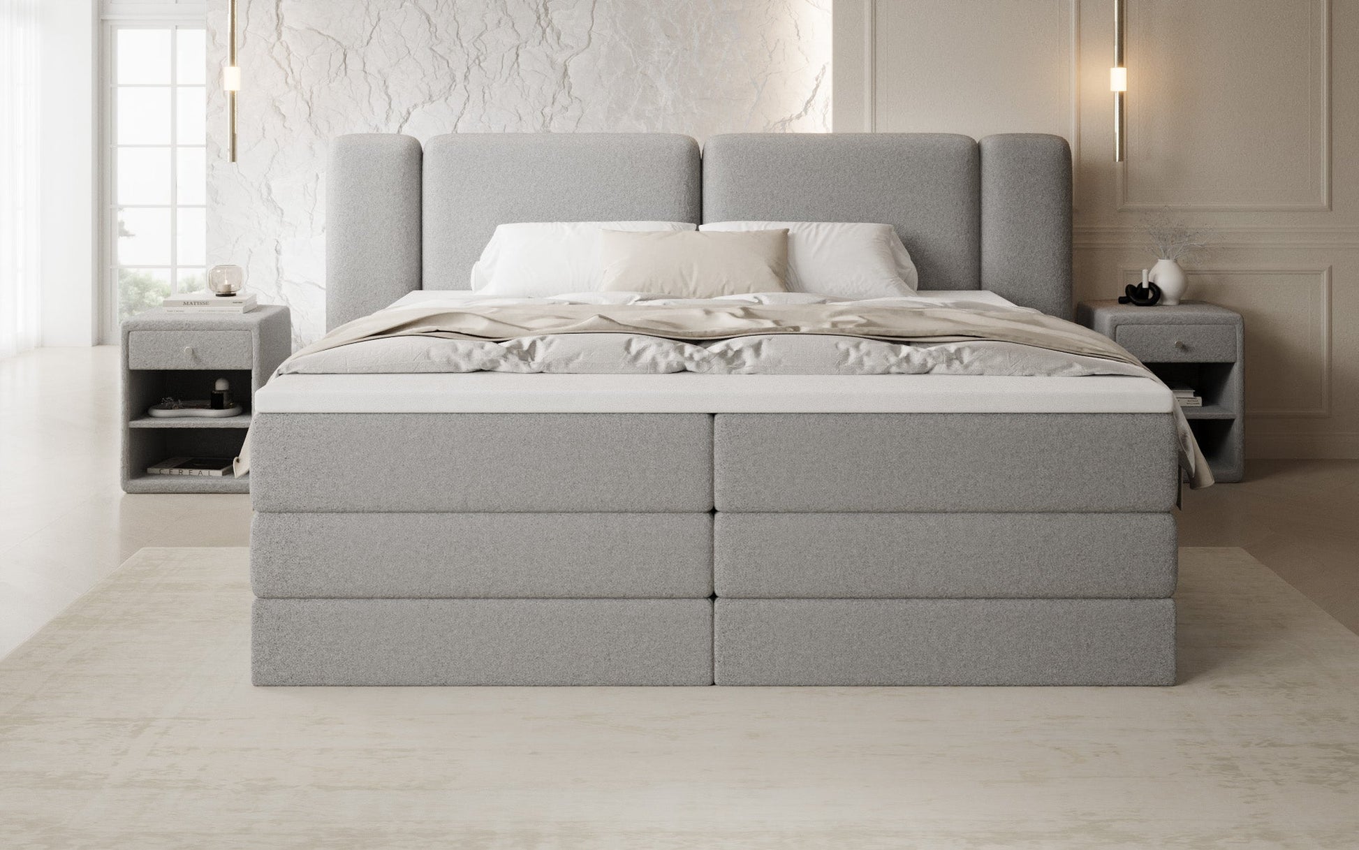 Luxusbetten24 Leni Boxspringbett mit hochklappbarem Stauraum in Teddy Bouclé