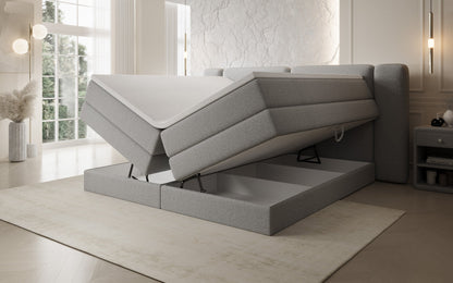 Luxusbetten24 Leni Boxspringbett mit hochklappbarem Stauraum in Teddy Bouclé