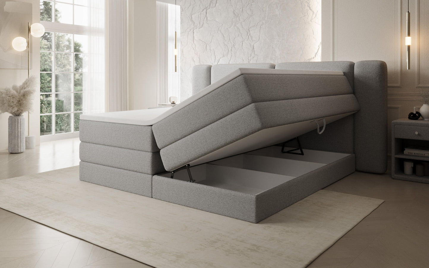 Luxusbetten24 Leni Boxspringbett mit hochklappbarem Stauraum in Teddy Bouclé