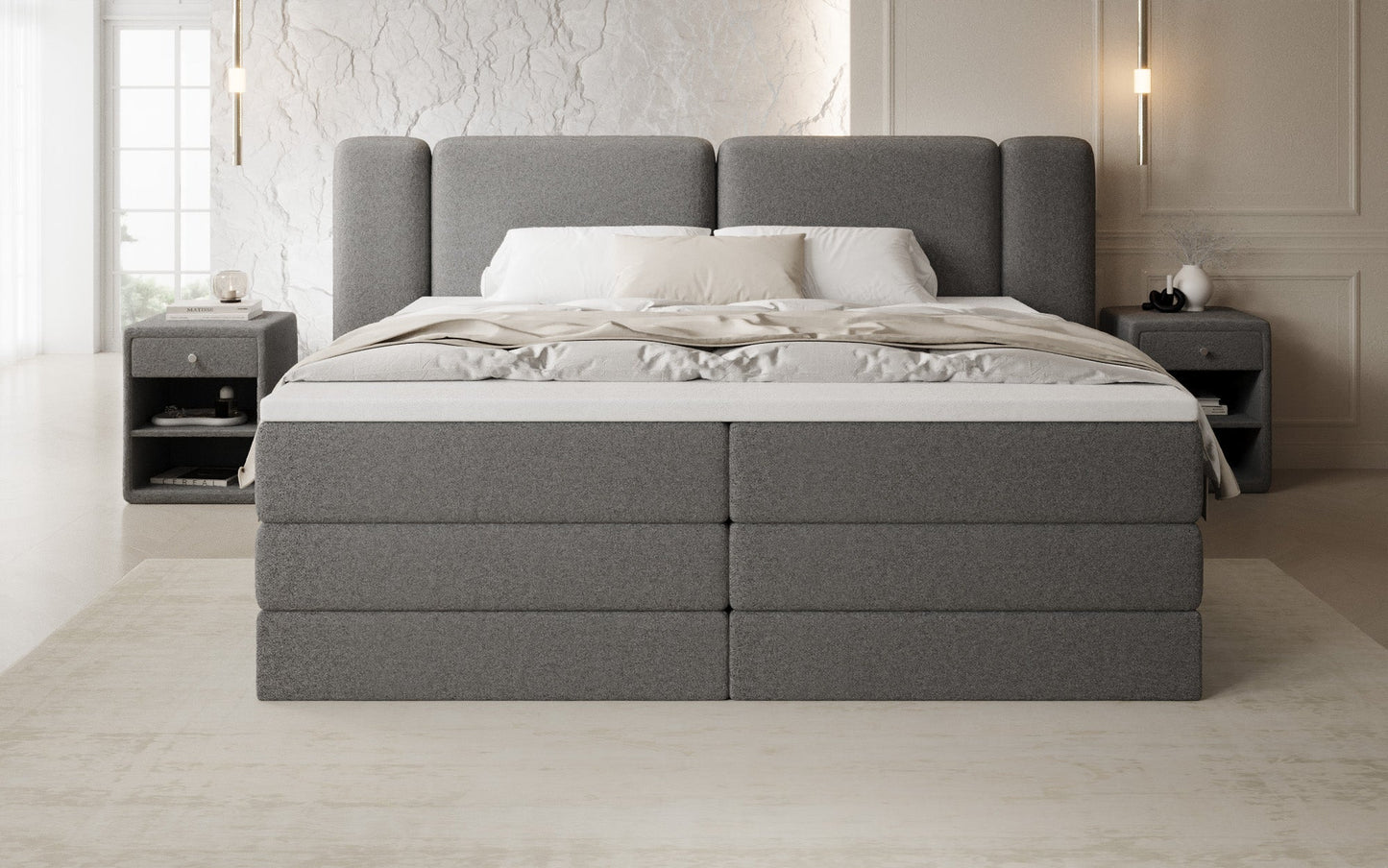 Luxusbetten24 Leni Boxspringbett mit hochklappbarem Stauraum in Teddy Bouclé