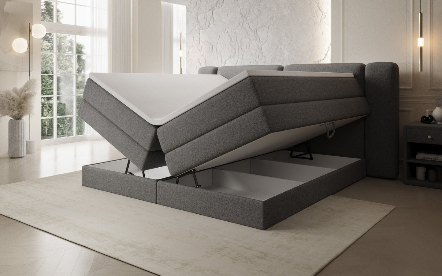 Luxusbetten24 Leni Boxspringbett mit hochklappbarem Stauraum in Teddy Bouclé