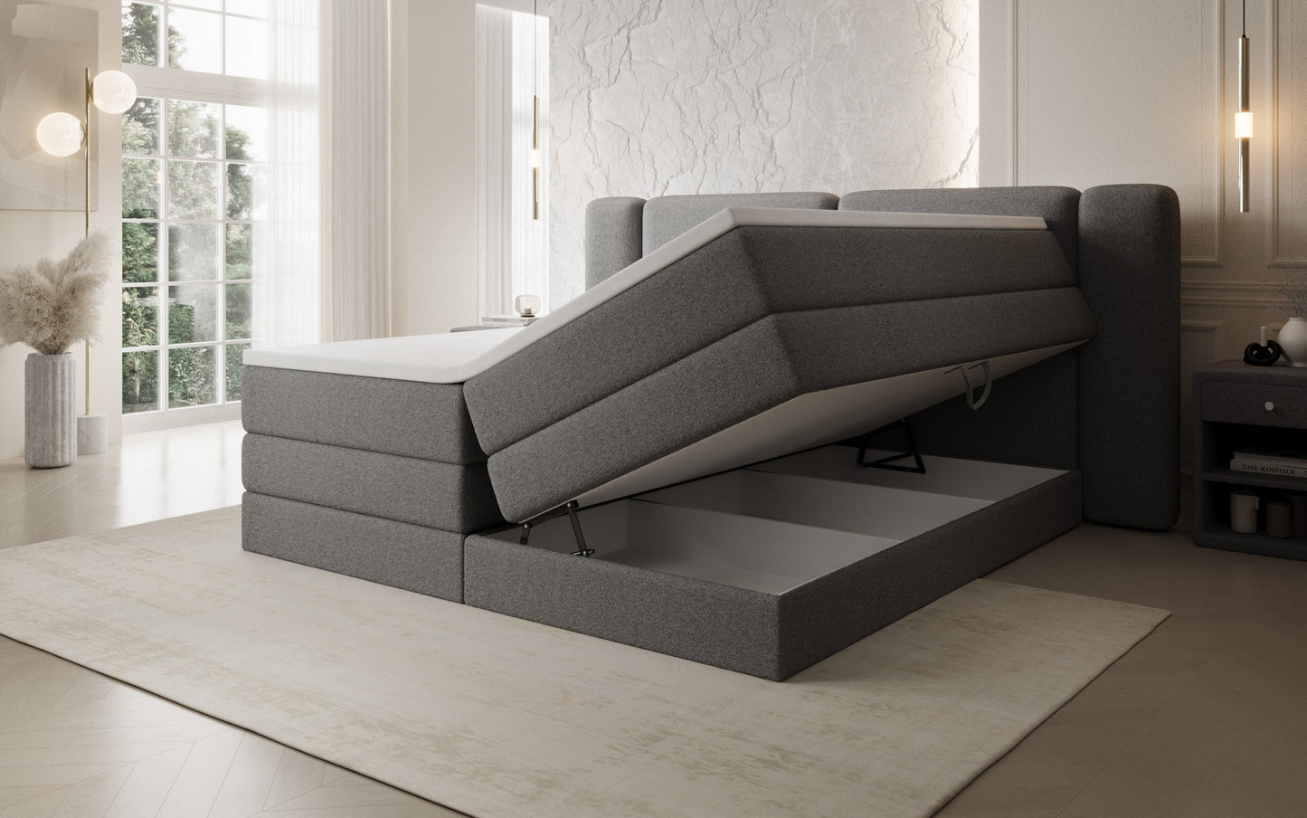Luxusbetten24 Leni Boxspringbett mit hochklappbarem Stauraum in Teddy Bouclé