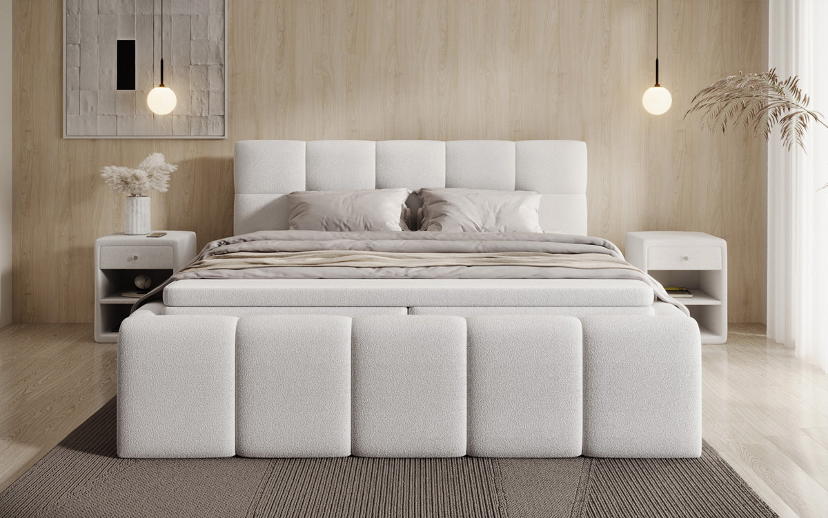 Designer Polsterbett Romy in Teddy Bouclé mit Stauraum inkl. Matratzen