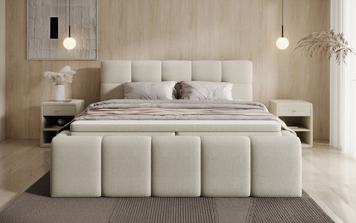 Designer Polsterbett Romy in Teddy Bouclé mit Stauraum inkl. Matratzen