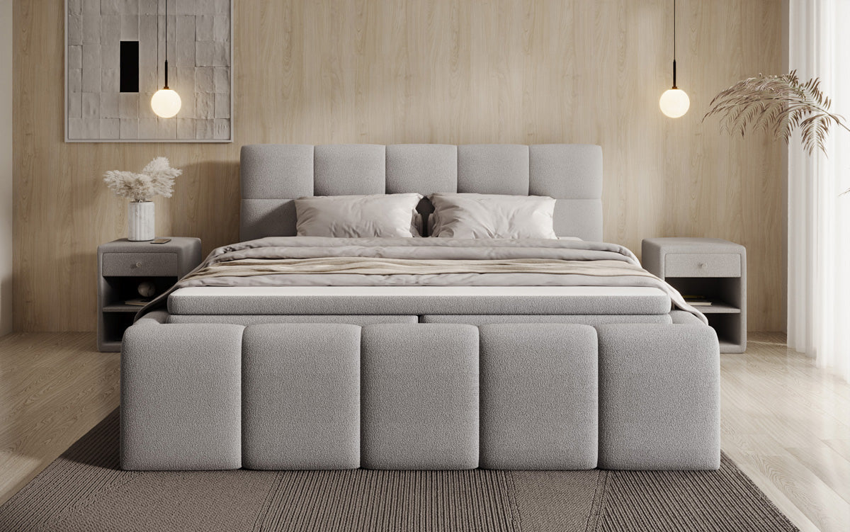 Designer Polsterbett Romy in Teddy Bouclé mit Stauraum inkl. Matratzen