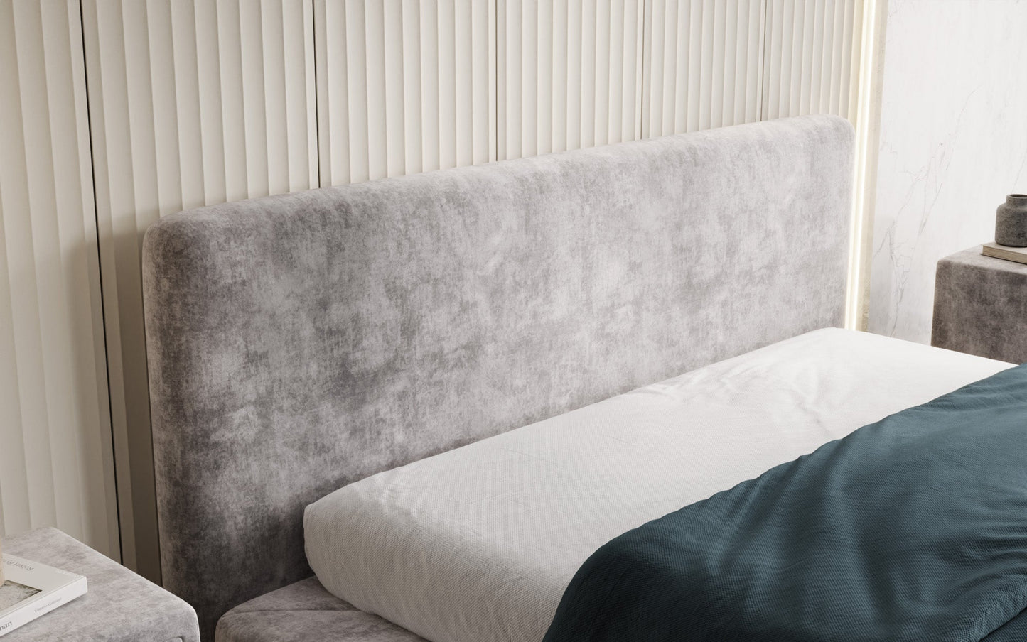 Luxusbetten24 Yumi Samt-Polsterbett, Modernes Design, Komfort, 140×200 cm, Weiß