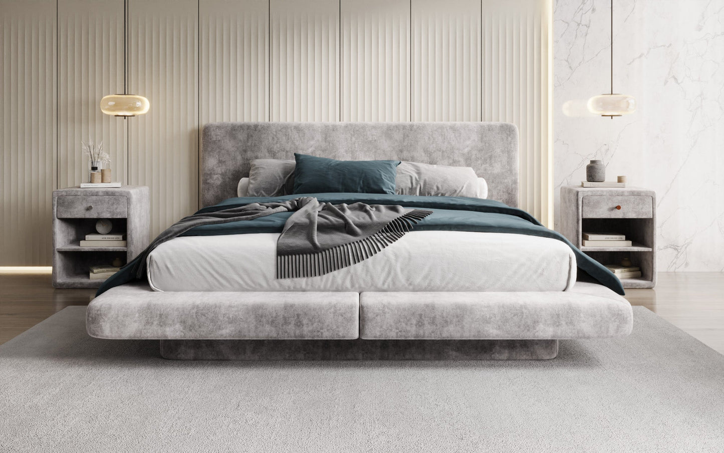 Luxusbetten24 Yumi Samt-Polsterbett, Modernes Design, Komfort, 140×200 cm, Weiß