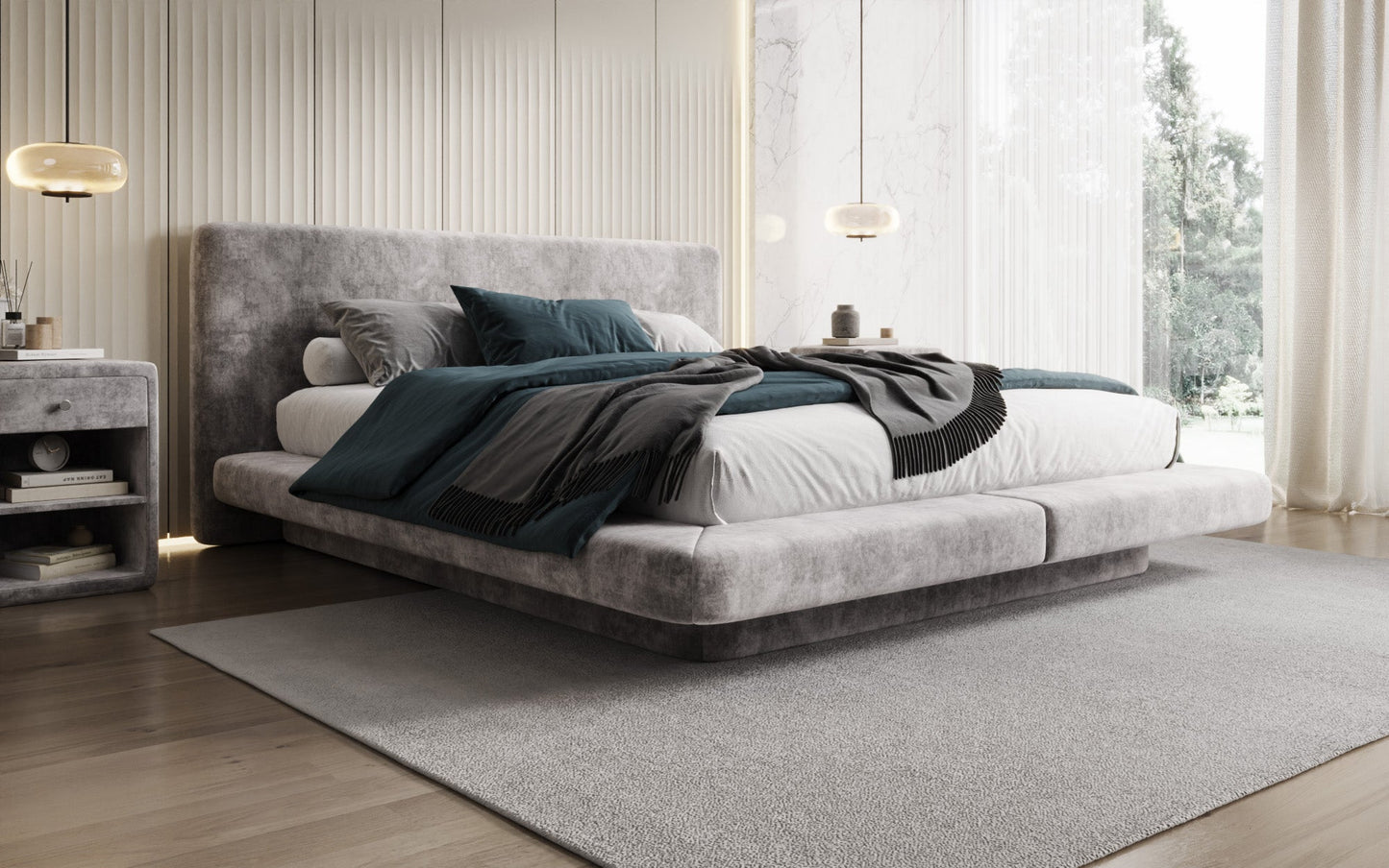 Luxusbetten24 Yumi Samt-Polsterbett, Modernes Design, Komfort, 140×200 cm, Weiß