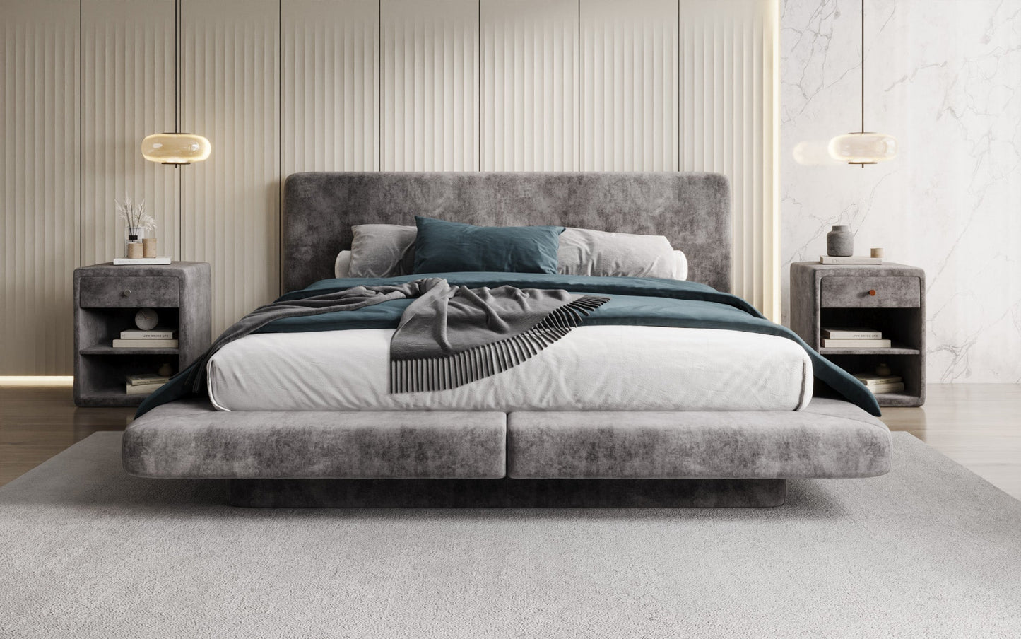 Luxusbetten24 Yumi Samt-Polsterbett, Modernes Design, Komfort, 140×200 cm, Weiß