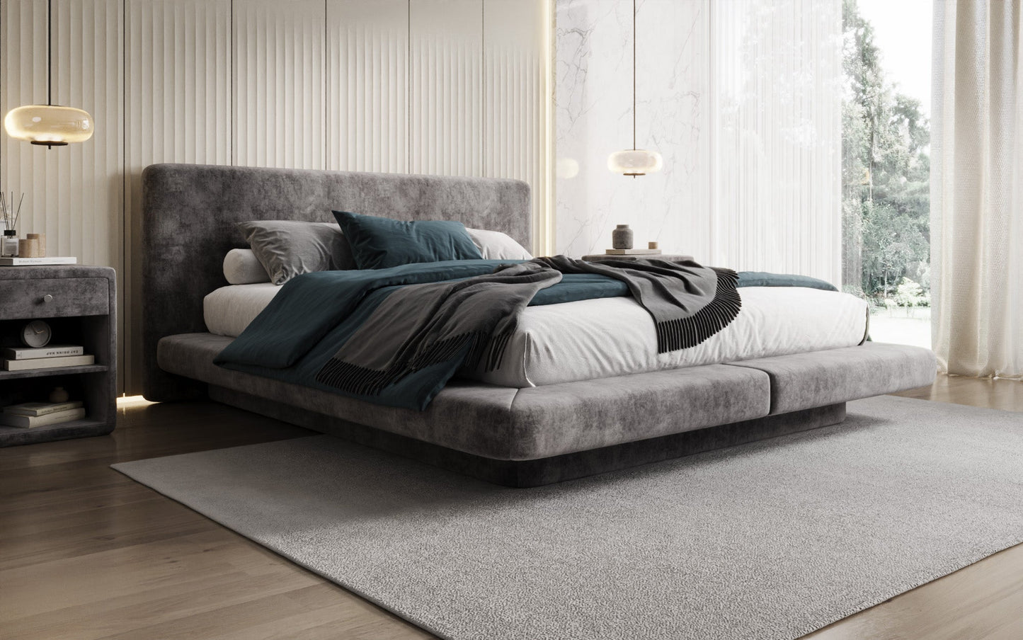 Luxusbetten24 Yumi Samt-Polsterbett, Modernes Design, Komfort, 140×200 cm, Weiß