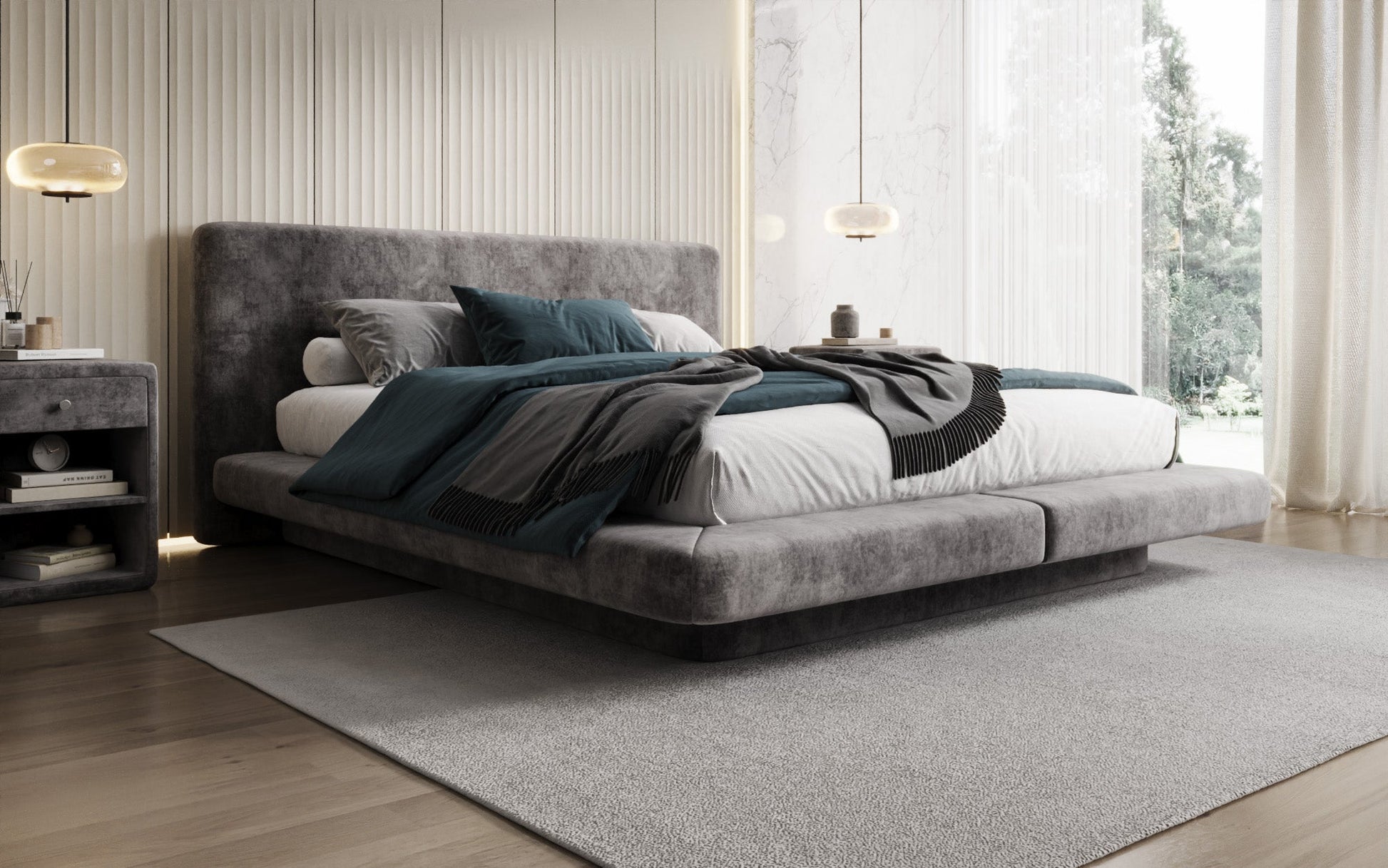 Luxusbetten24 Yumi Samt-Polsterbett, Modernes Design, Komfort, 140×200 cm, Weiß