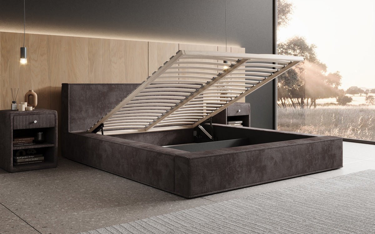 Designer Polsterbett Harmon in Cord mit Stauraum