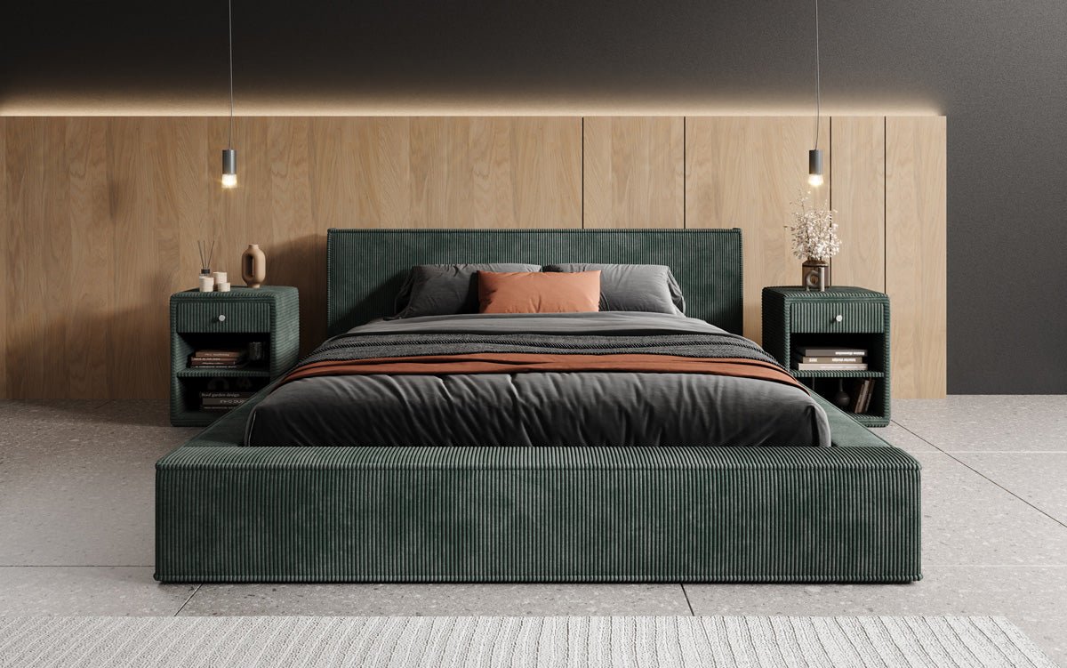 Designer Polsterbett Harmon in Cord mit Stauraum