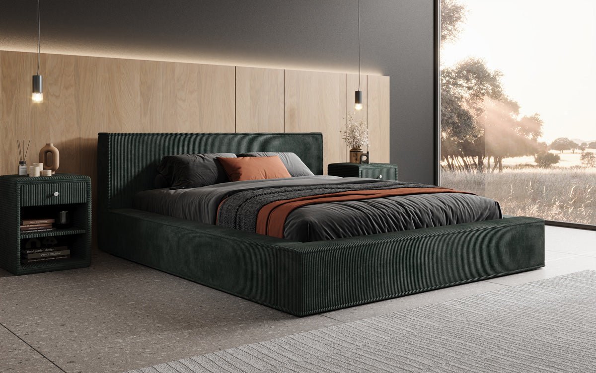 Designer Polsterbett Harmon in Cord mit Stauraum