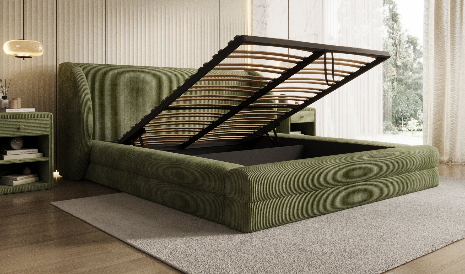 Designer Polsterbett Liv Cord mit Stauraum