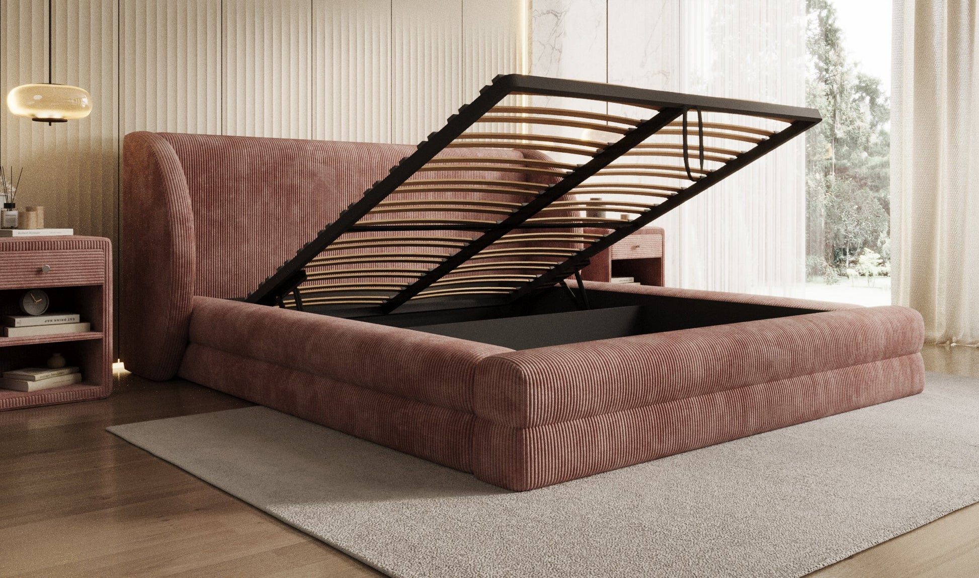 Designer Polsterbett Liv Cord mit Stauraum