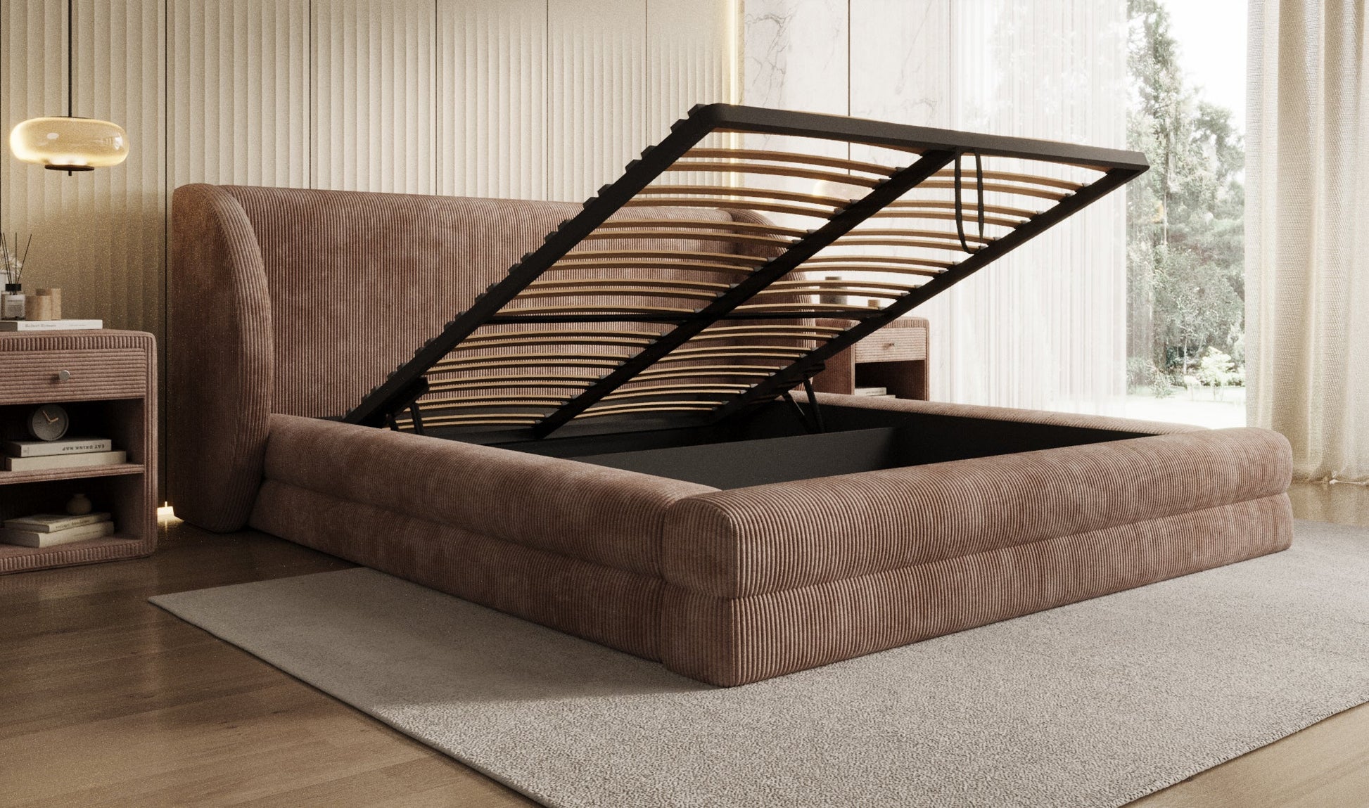 Designer Polsterbett Liv Cord mit Stauraum