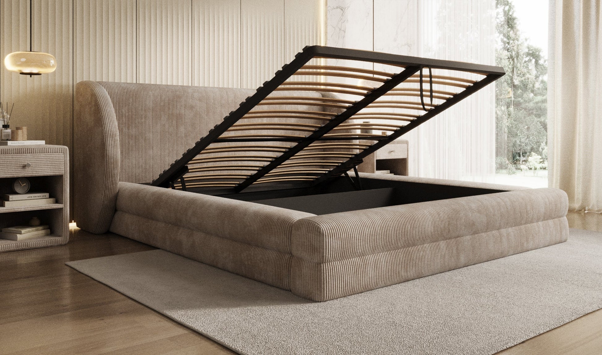 Designer Polsterbett Liv Cord mit Stauraum