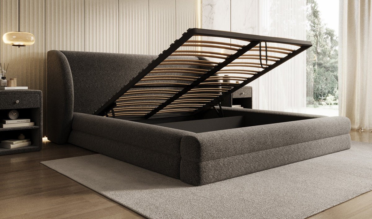 Luxusbetten24 Liv Polsterbett Strukturstoff mit Stauraum, 140‑200 cm, Beige