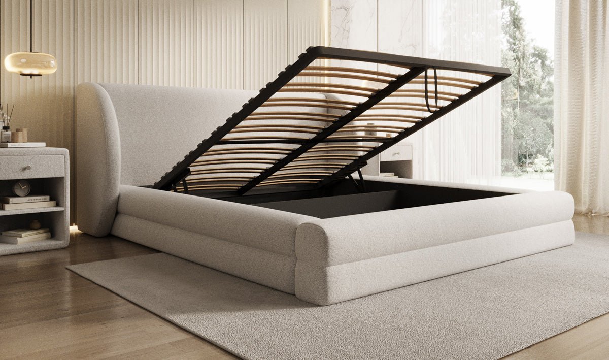 Luxusbetten24 Liv Polsterbett Strukturstoff mit Stauraum, 140‑200 cm, Beige
