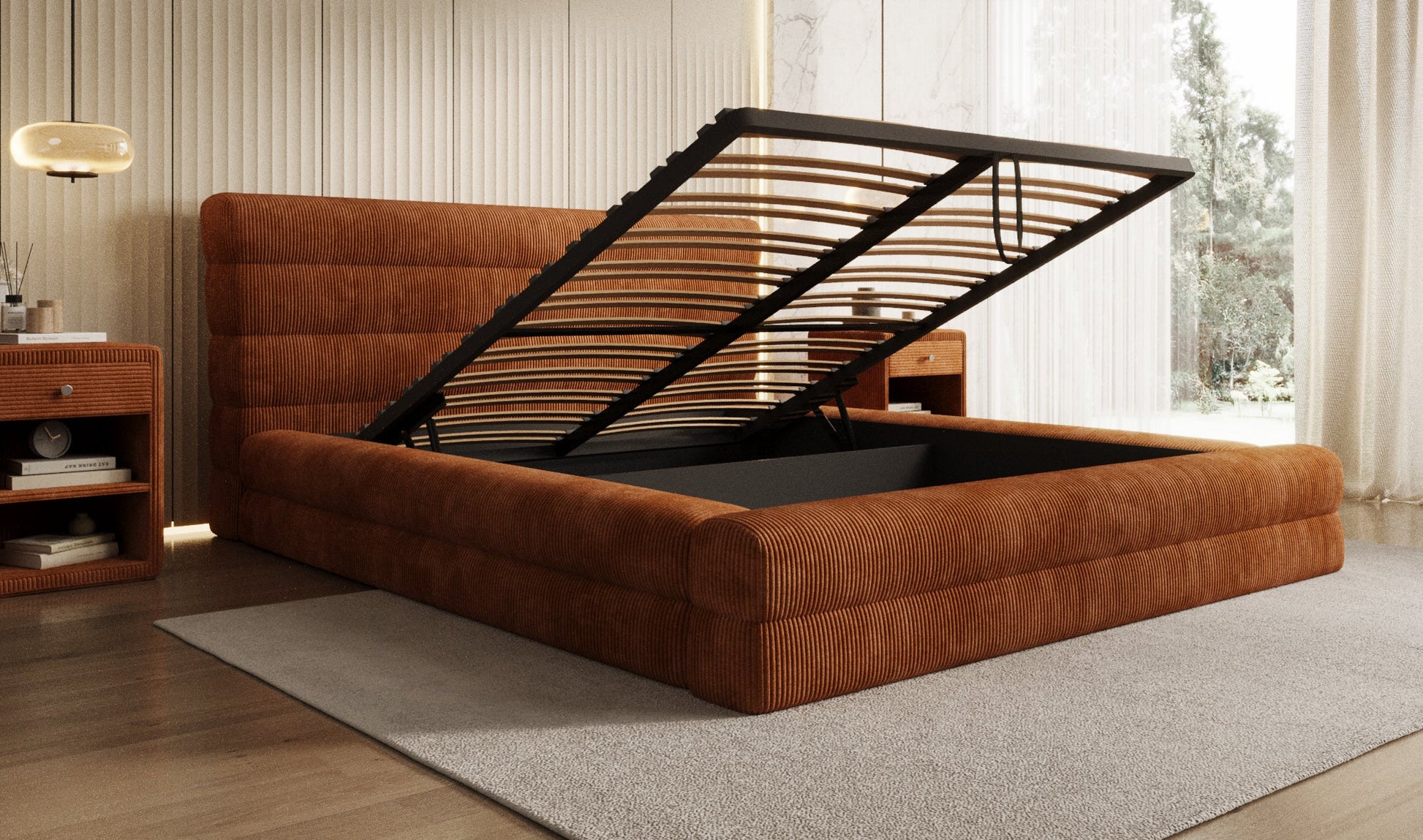 Designer Polsterbett Maren Cord mit Stauraum