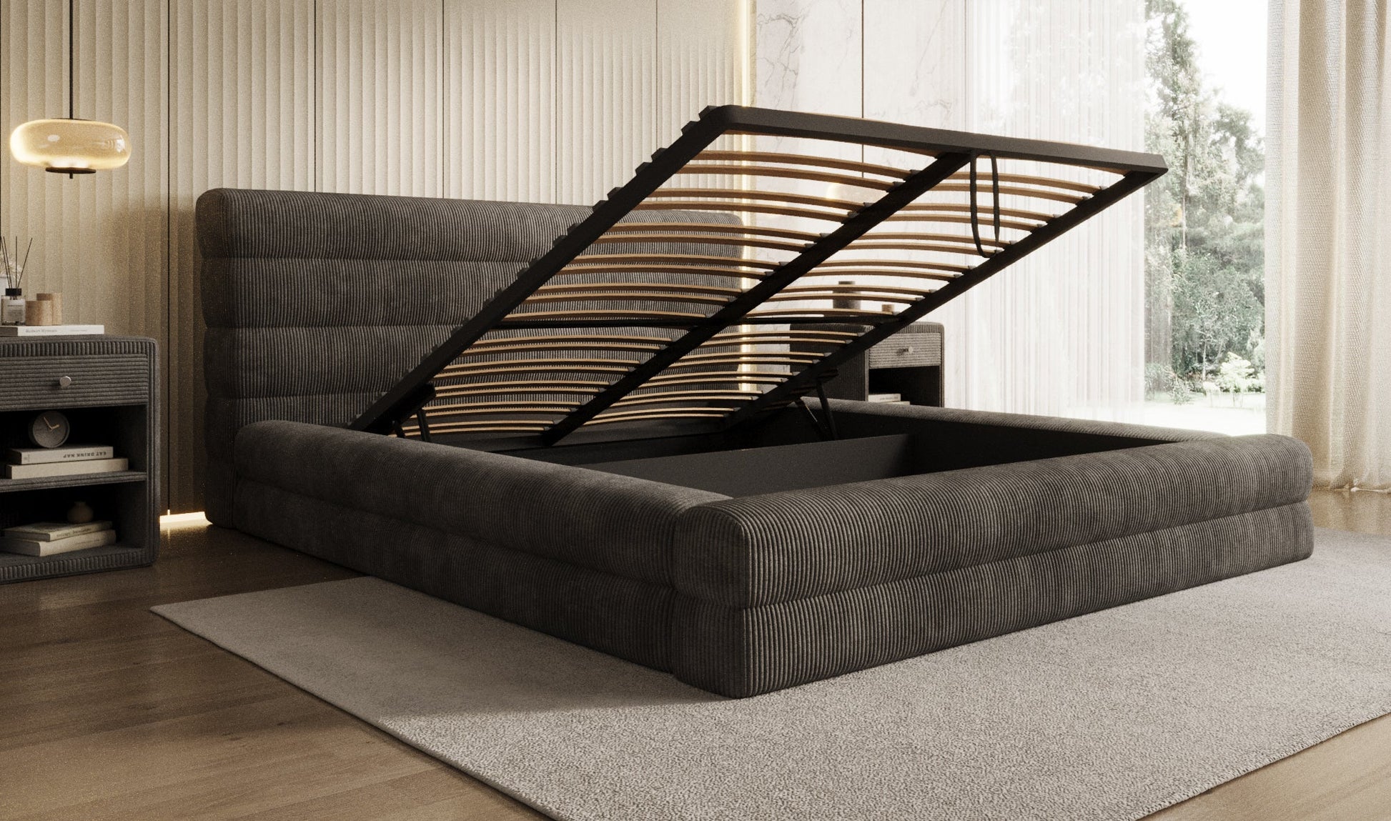 Designer Polsterbett Maren Cord mit Stauraum