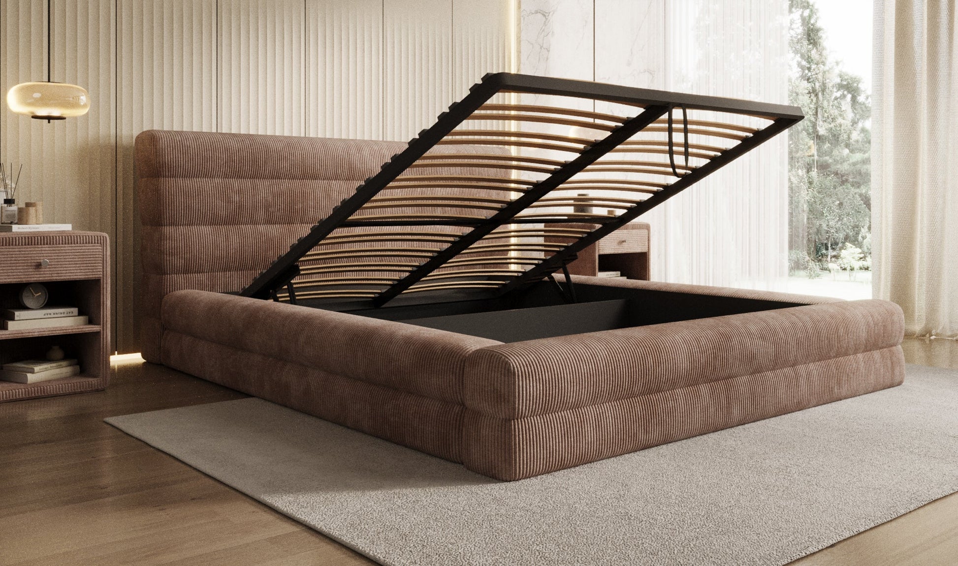 Designer Polsterbett Maren Cord mit Stauraum