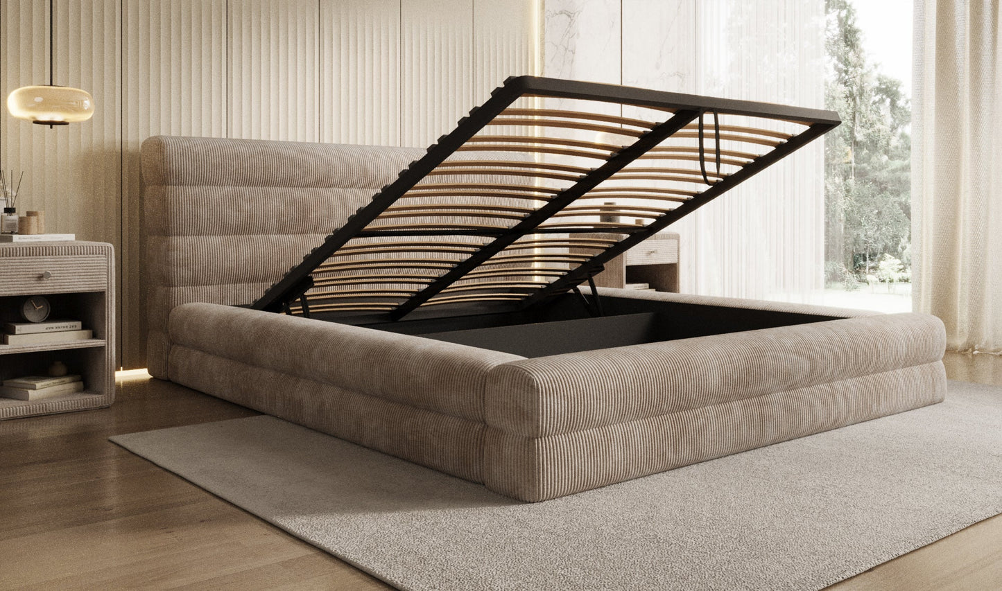 Designer Polsterbett Maren Cord mit Stauraum