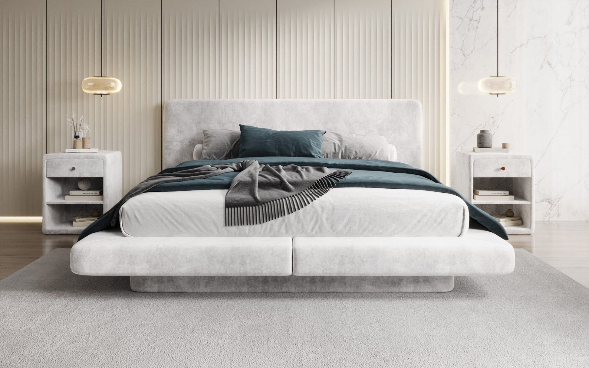 Luxusbetten24 Yumi Samt-Polsterbett, Modernes Design, Komfort, 140×200 cm, Weiß