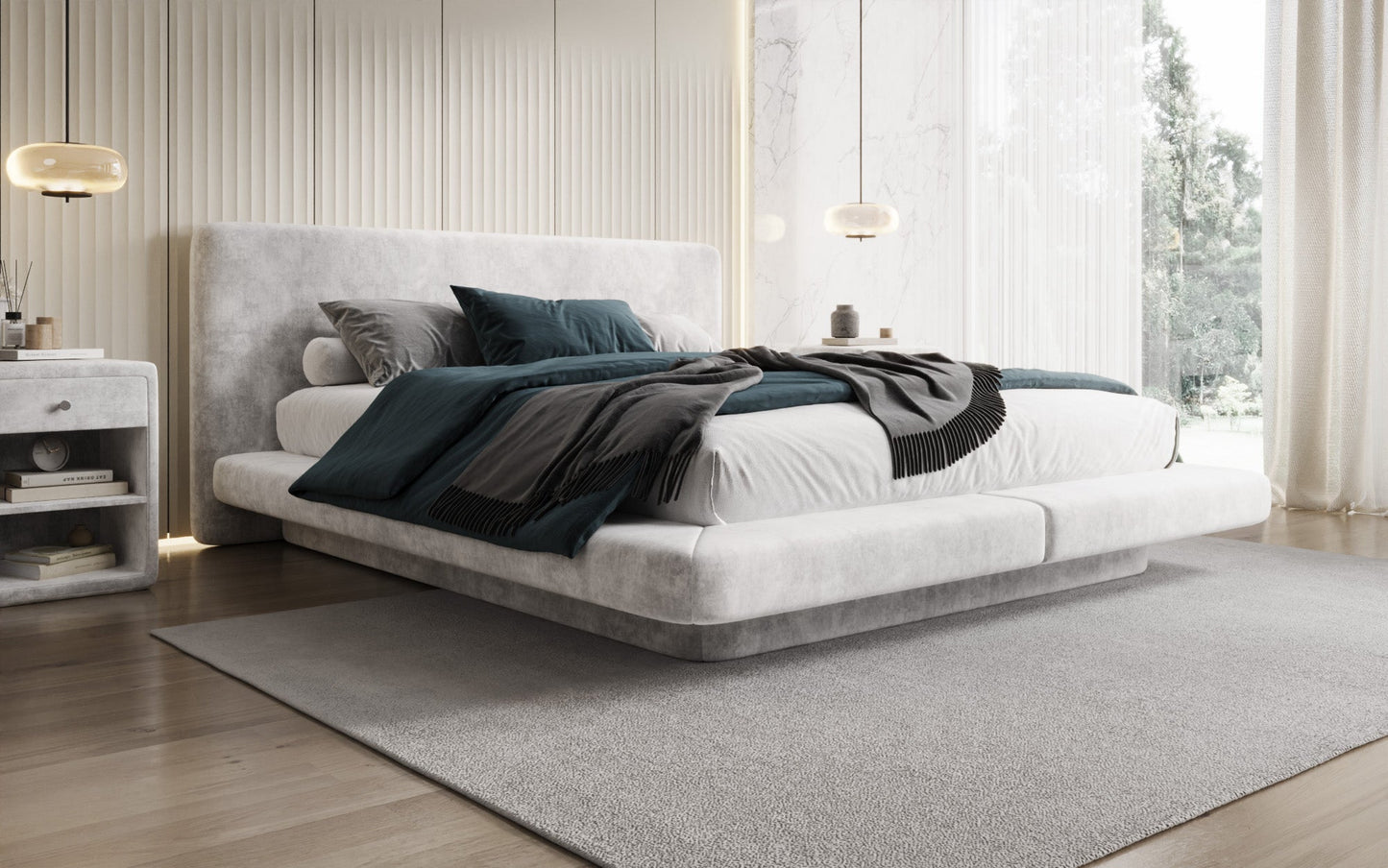 Luxusbetten24 Yumi Samt-Polsterbett, Modernes Design, Komfort, 140×200 cm, Weiß