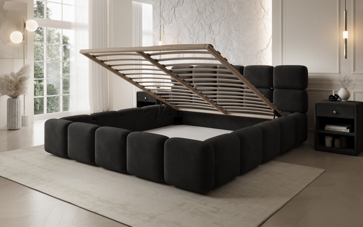 Luxusbetten24 Matilda Polsterbett Samt mit Stauraum, 140×200 cm Beige