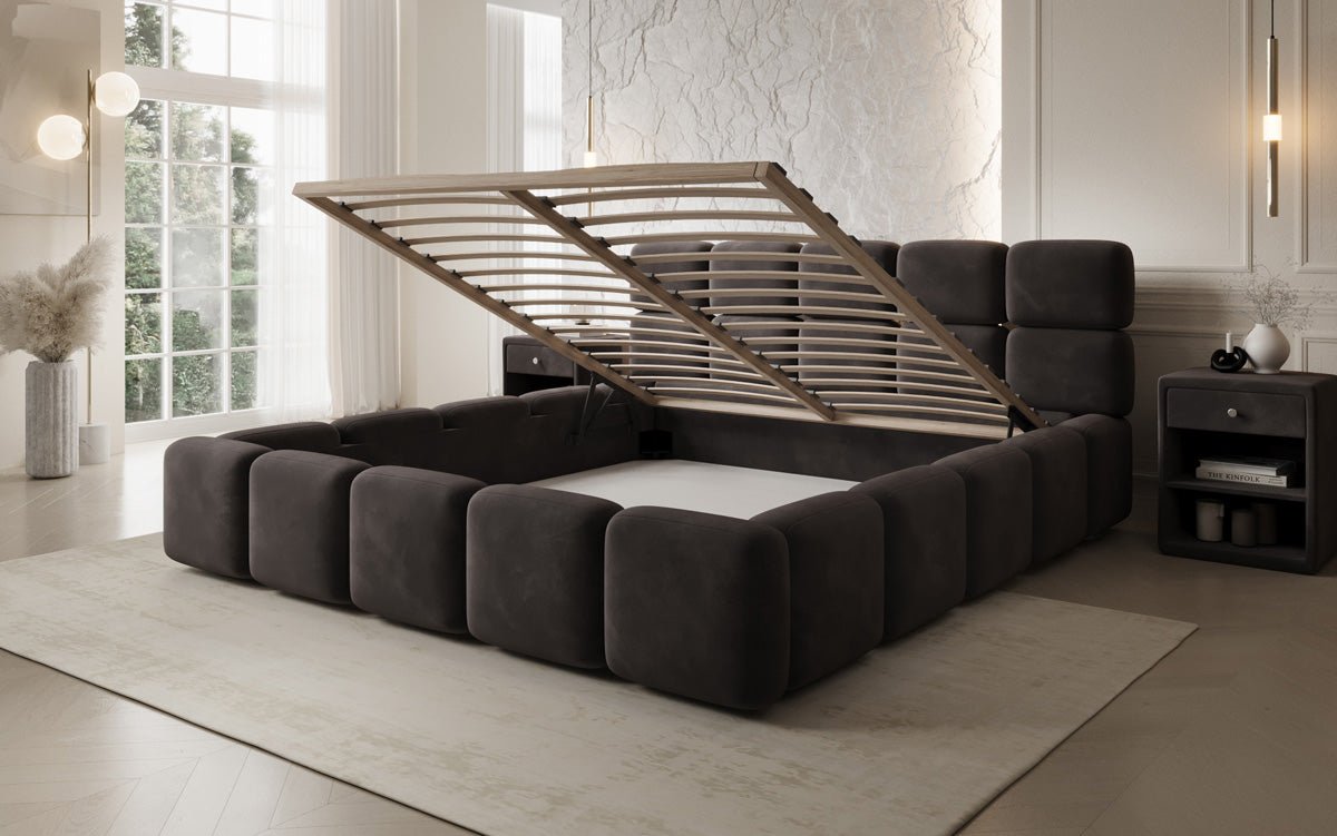 Luxusbetten24 Matilda Polsterbett Samt mit Stauraum, 140×200 cm Beige