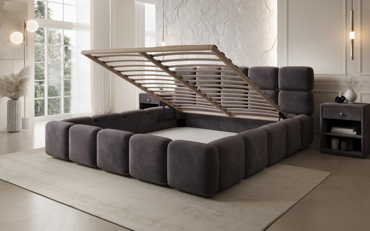 Luxusbetten24 Matilda Polsterbett Samt mit Stauraum, 140×200 cm Beige