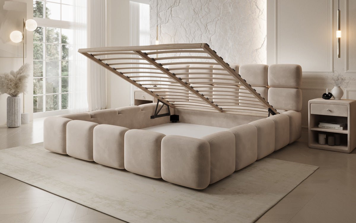 Luxusbetten24 Matilda Polsterbett Samt mit Stauraum, 140×200 cm Beige