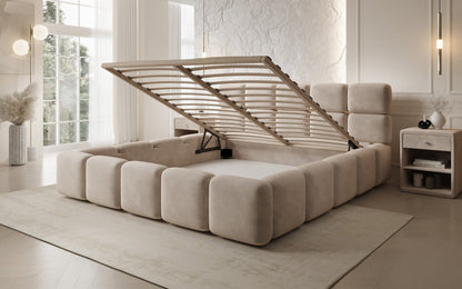 Luxusbetten24 Matilda Polsterbett Samt mit Stauraum, 140×200 cm Beige